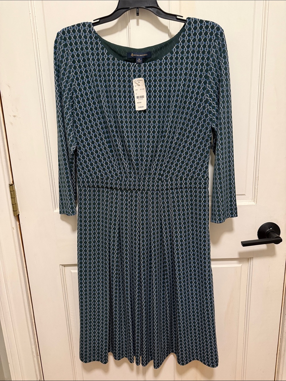 Brooks Brothers Evergreen and White/Blue Geometric 3/4 Sleeve Dress